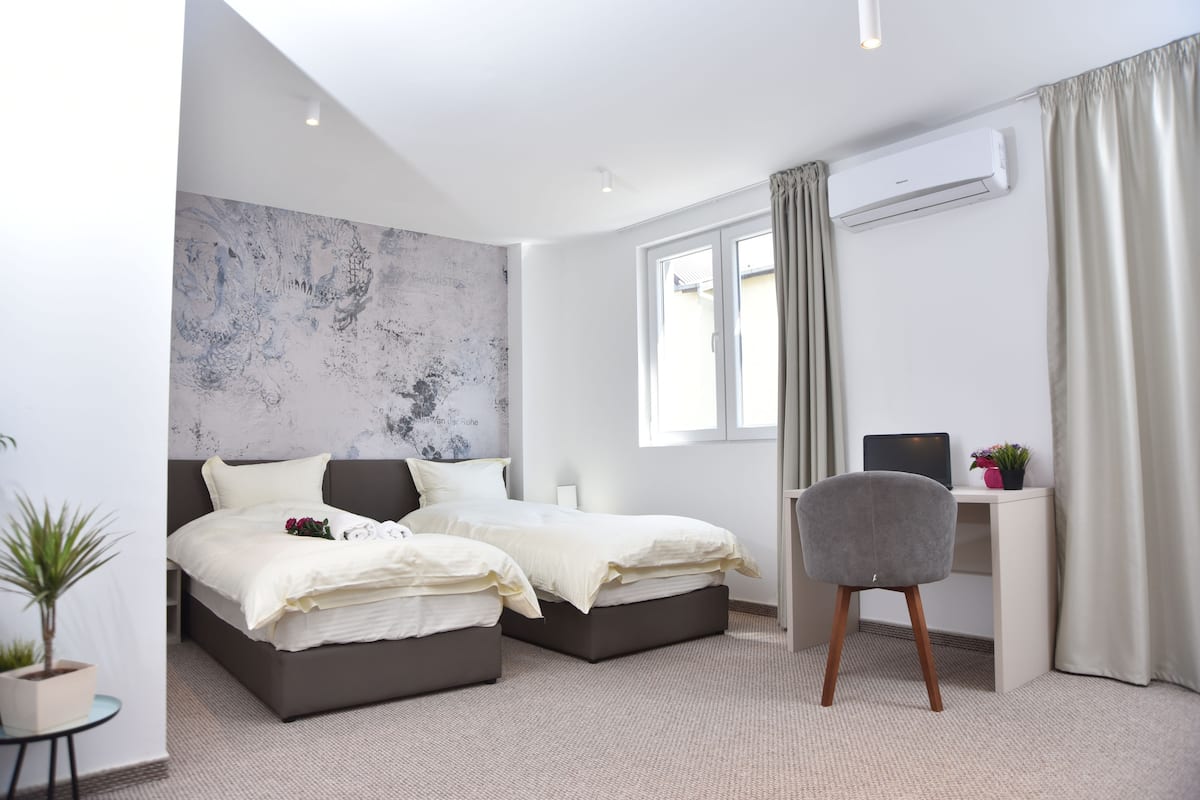 A modern bedroom with two beds, a desk, and a potted plant.