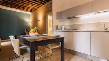 Fridge, stovetop, dishwasher, coffee/tea maker