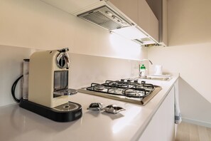 Fridge, stovetop, dishwasher, coffee/tea maker