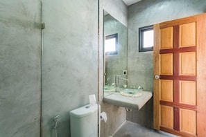 A bathroom with a toilet, a glass sink, and a wooden door.