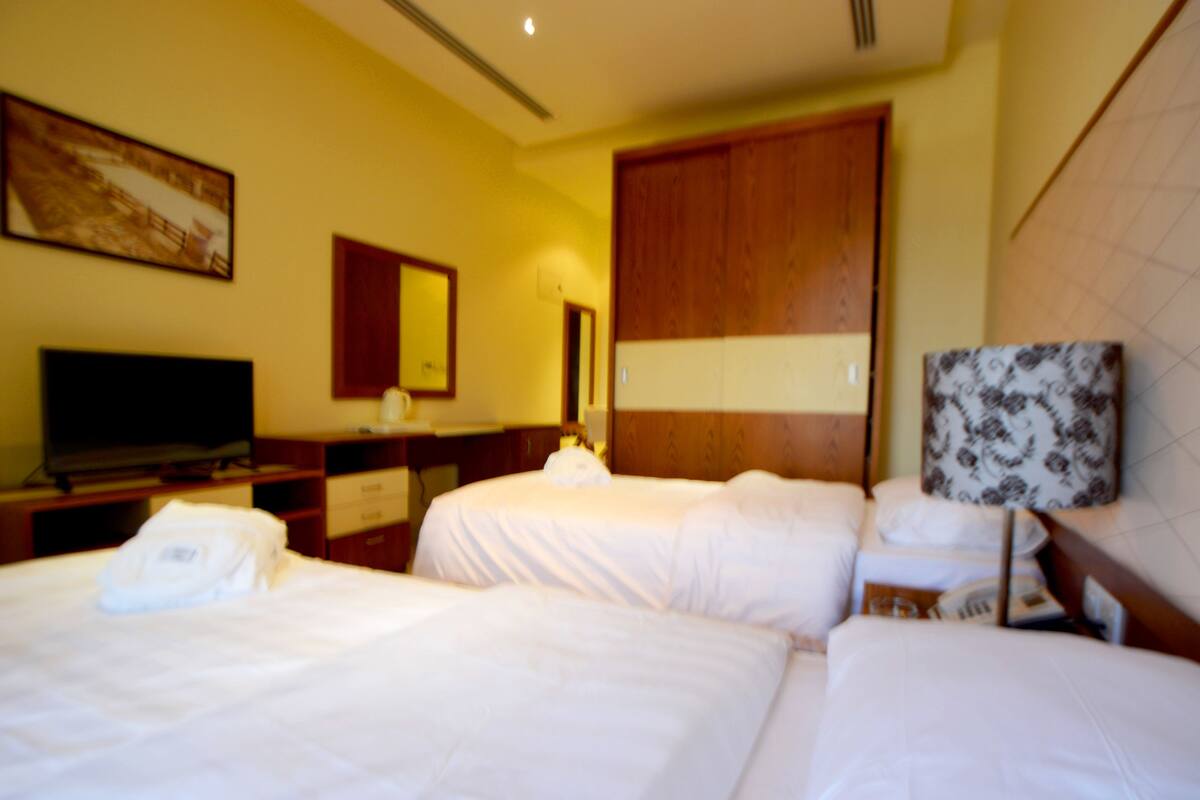 A hotel room with two beds, a television, a desk, and a large mirror.
