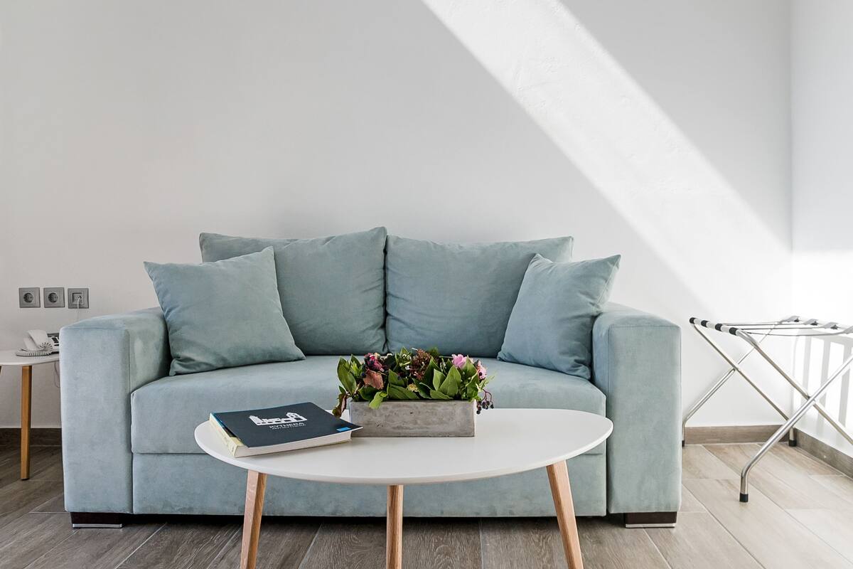 A light blue sofa with a concrete planter holding flowers, a white round table with a book, and a metal drying rack.