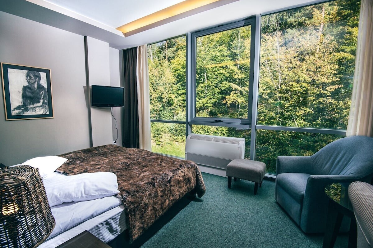 A hotel room with a bed, a chair, a TV, and a large window with a forest view.