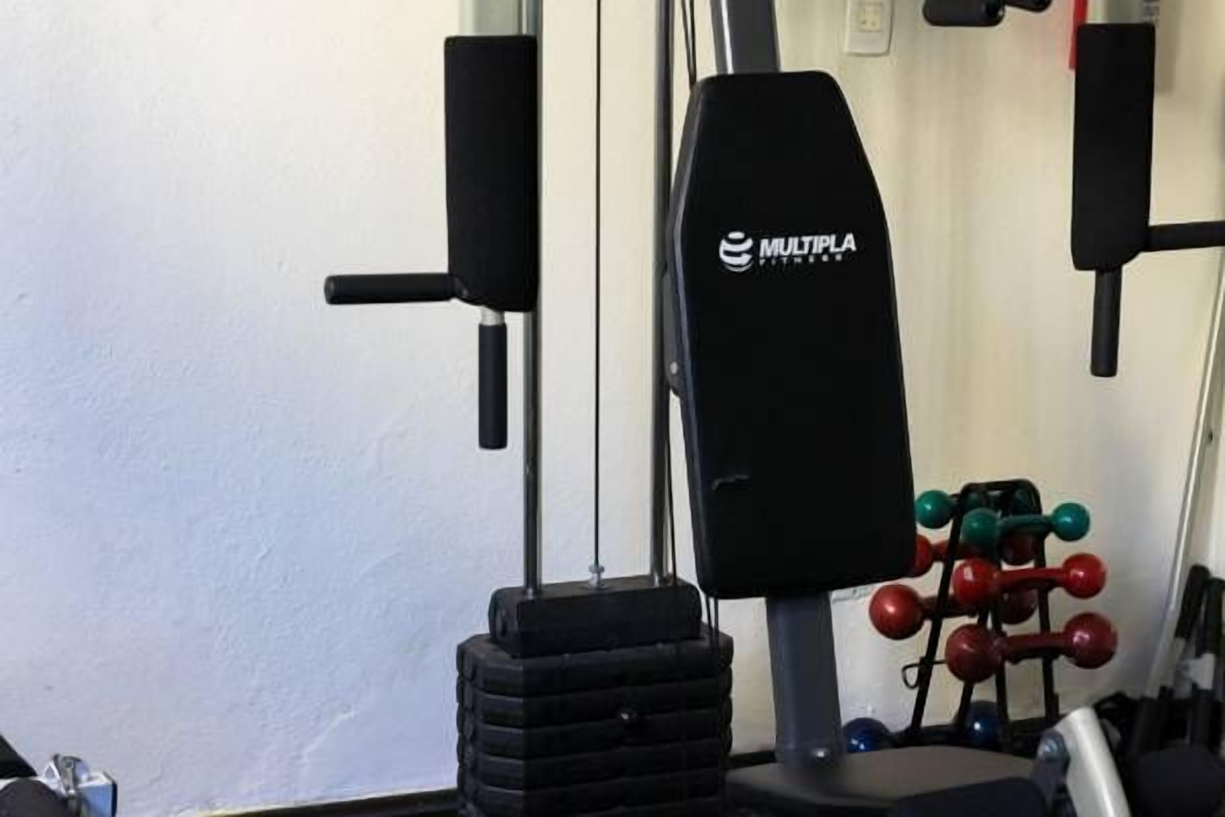 A gym with a squat rack, a bench press, and a set of dumbbells.