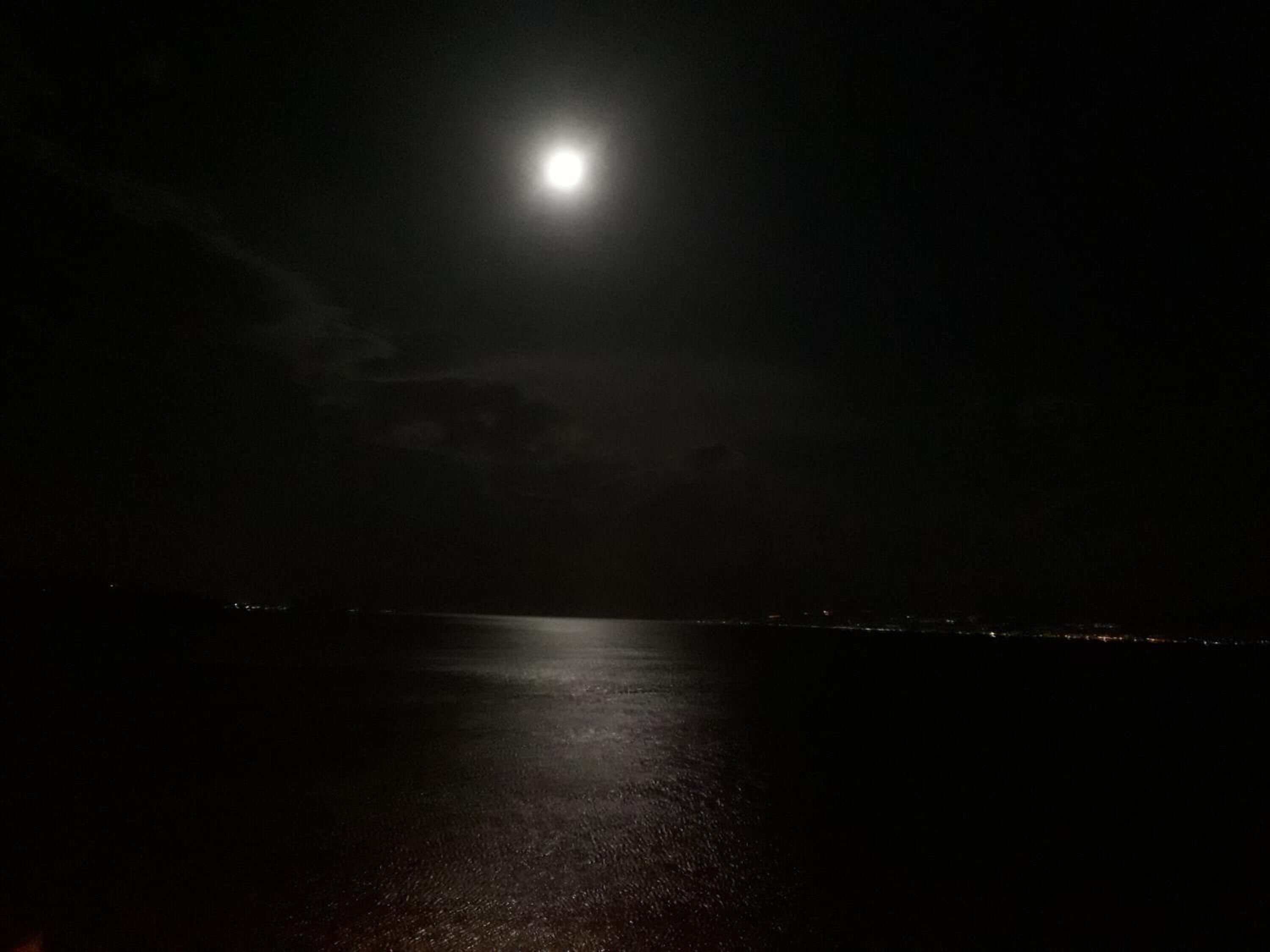 Scena notturna con una luna piena che si riflette in acque calme.