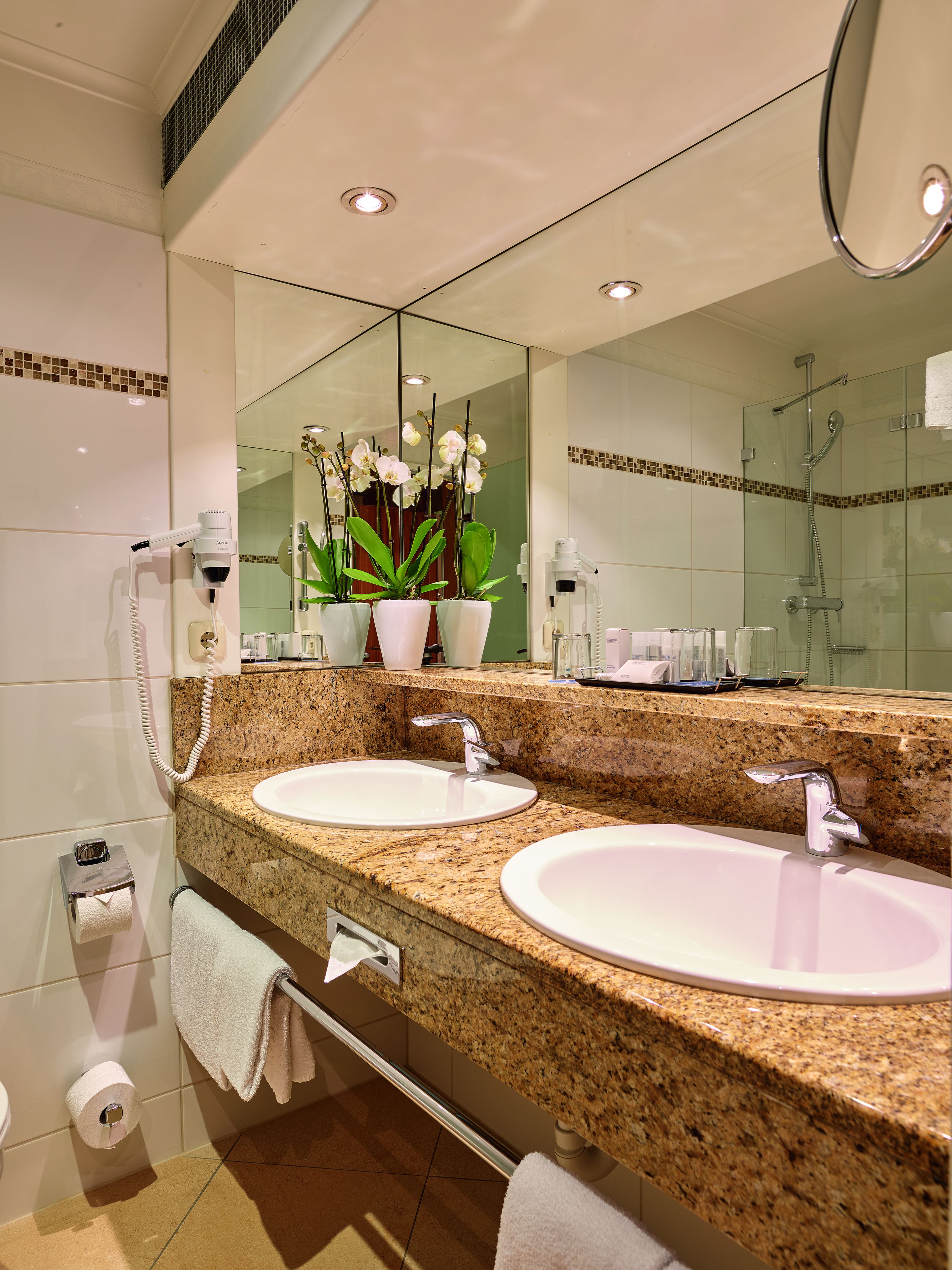 deep-soaking bathtub, free toiletries, hair dryer, bathrobes