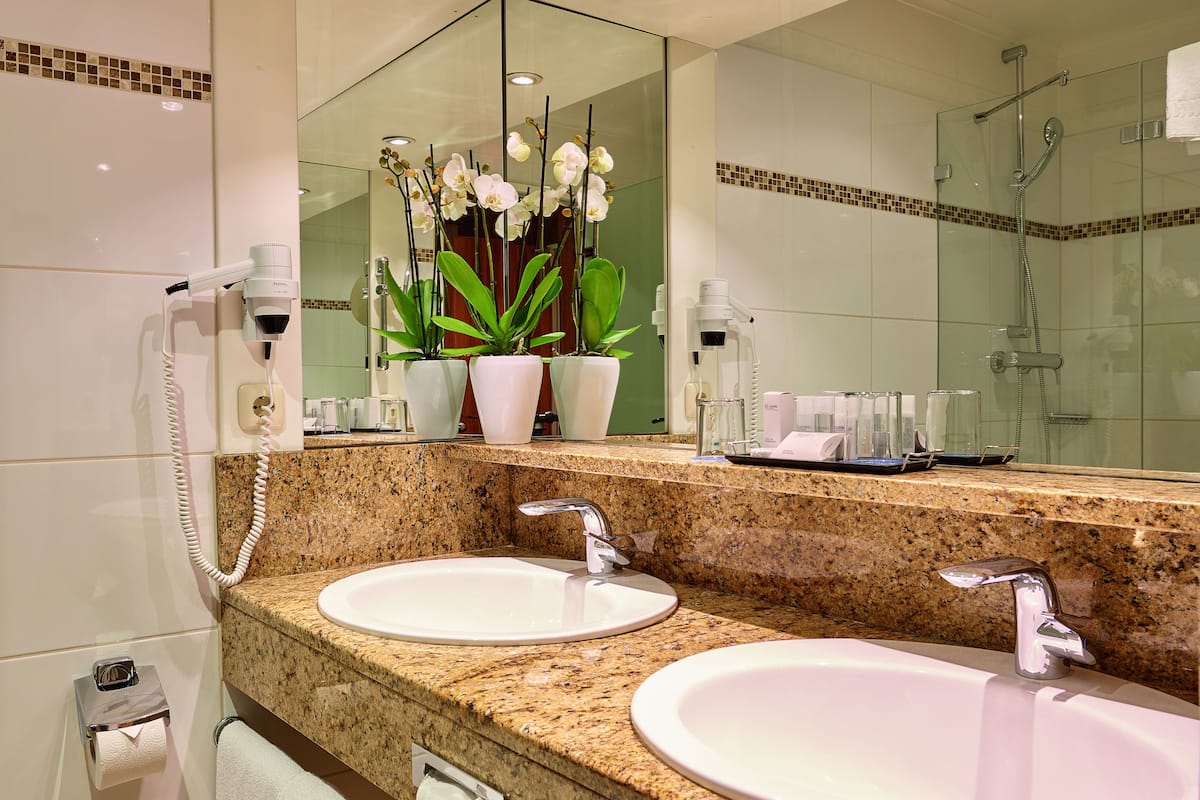 deep-soaking bathtub, free toiletries, hair dryer, bathrobes