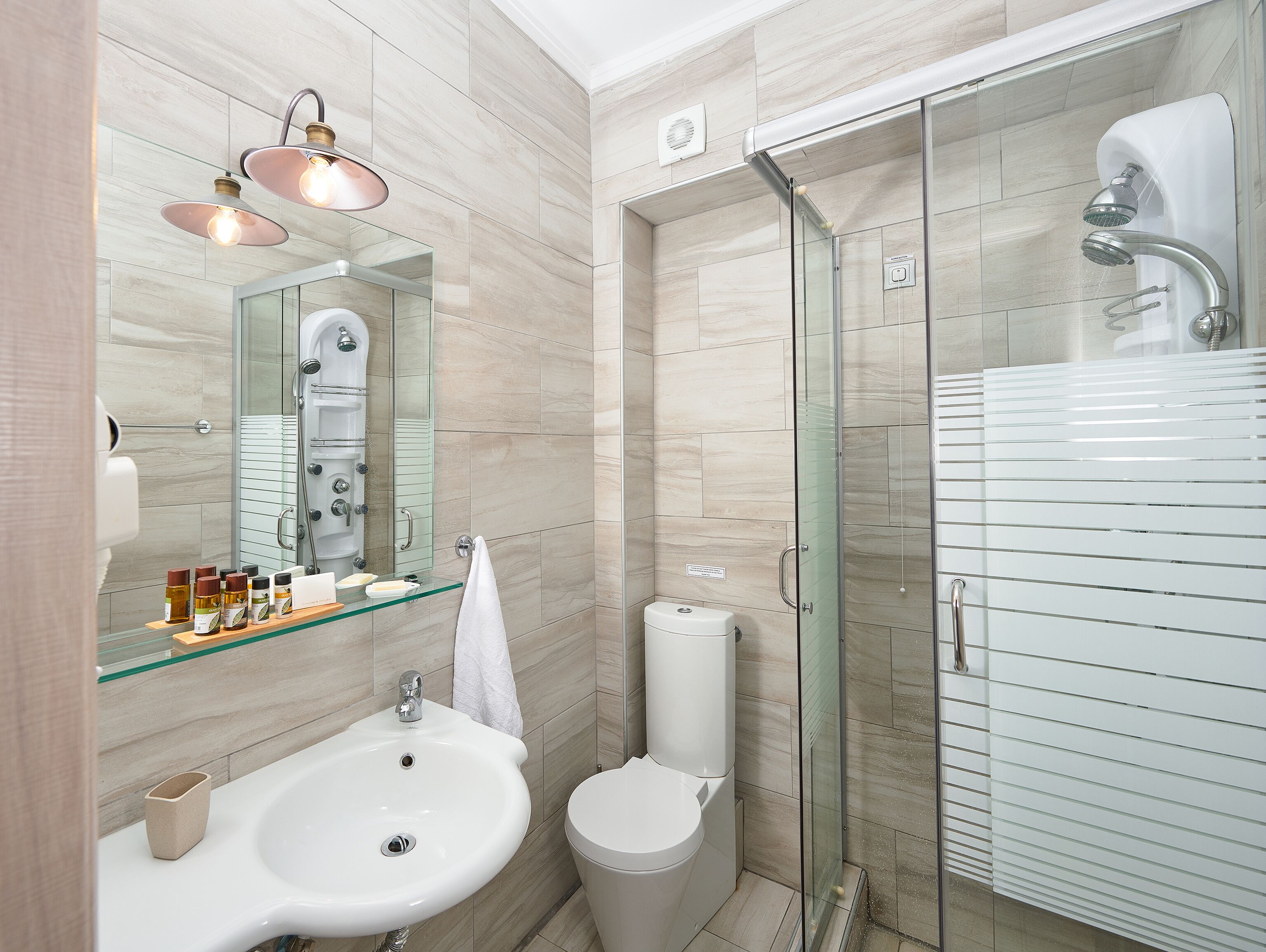 family suite, sea view | bathroom | shower, designer toiletries, hair dryer, slippers
