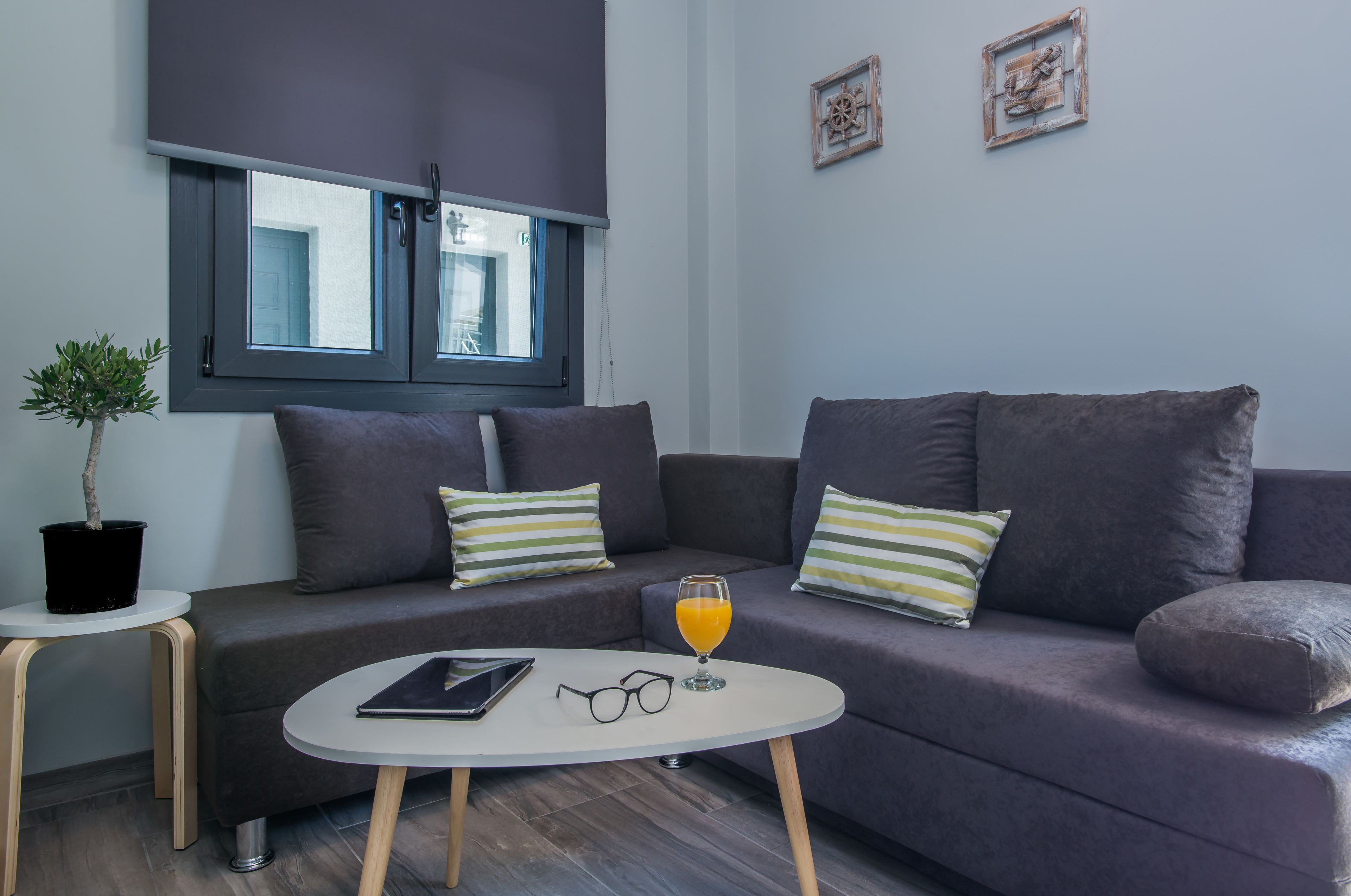 A modern living room with a grey sofa, a round coffee table, and a potted plant.