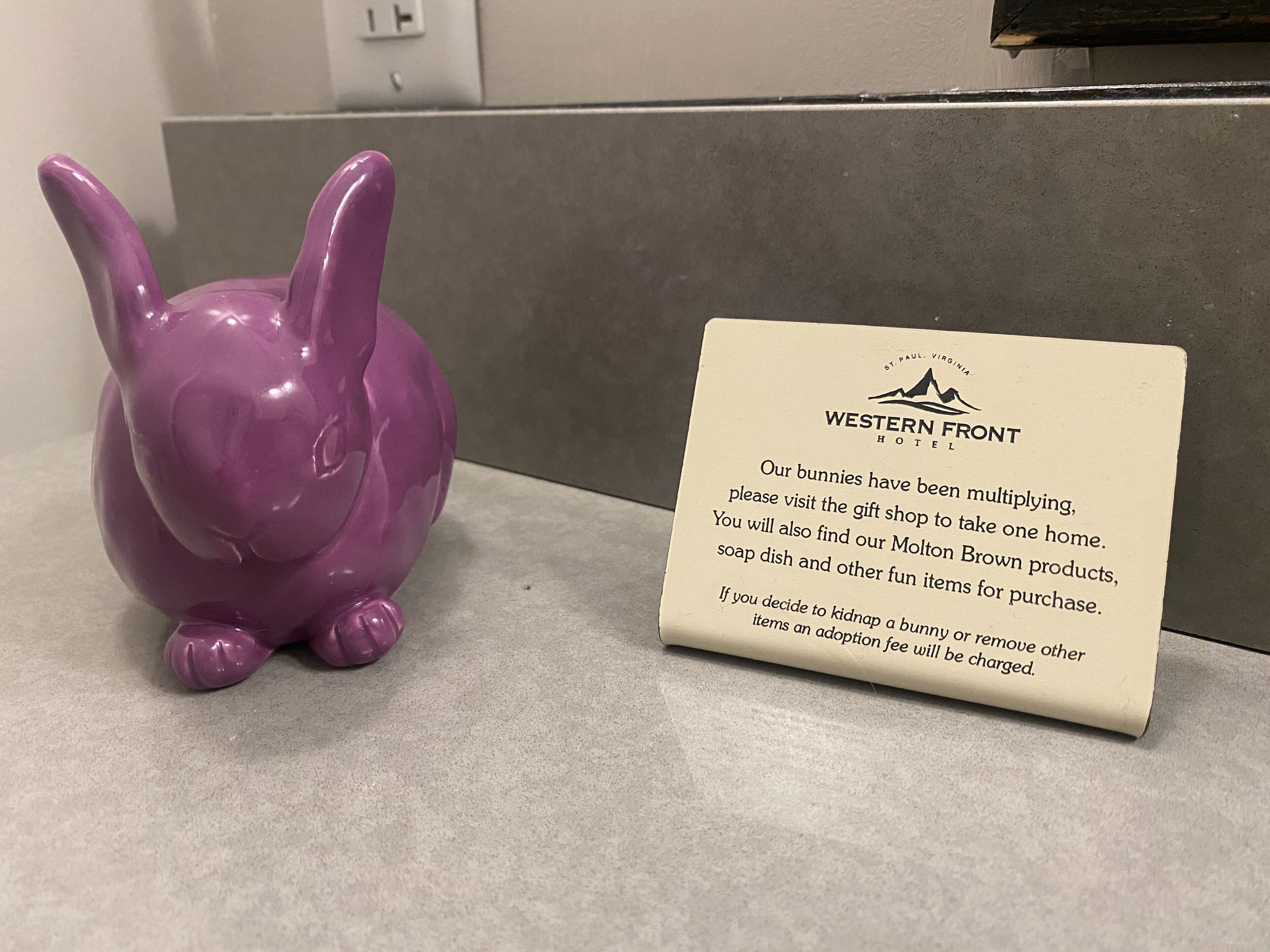 Een paars keramieken konijntje beeldje naast een bord met daarop Hotel Western Front.