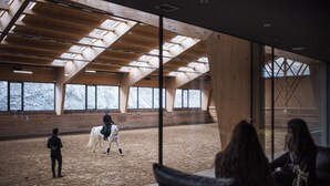 Ein Reitplatz im Innenbereich mit Holzbalken und großen Fenstern.