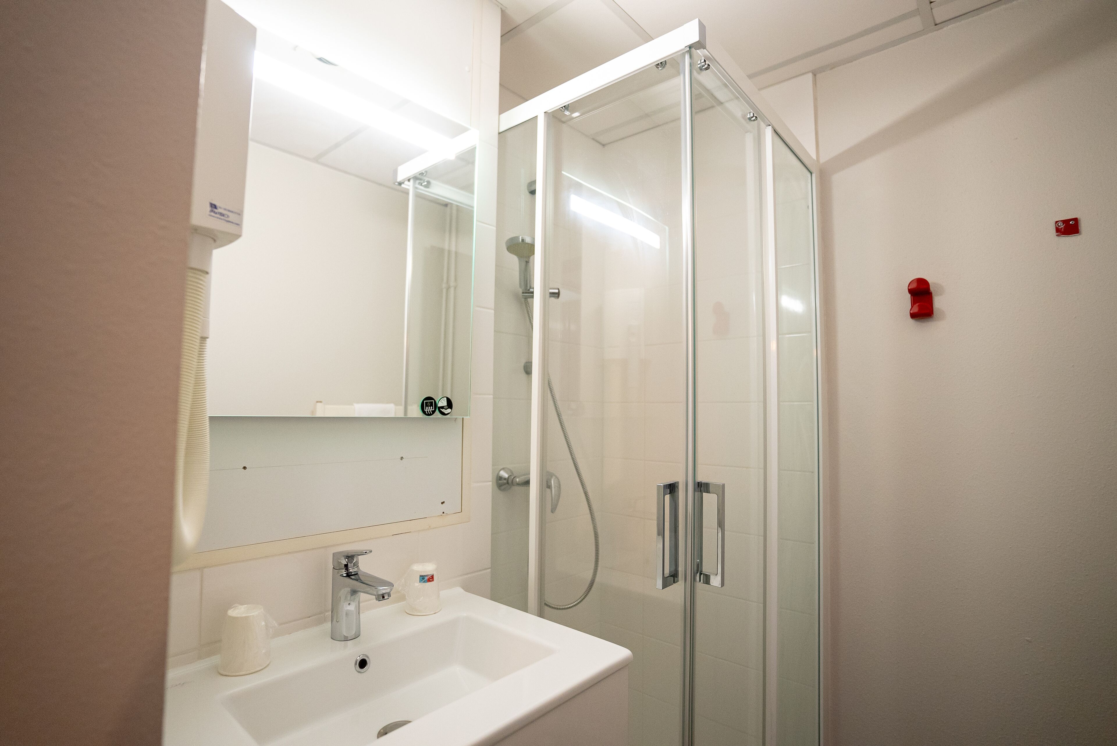 A modern bathroom with a glass shower enclosure, a white sink, and a mirror above it.