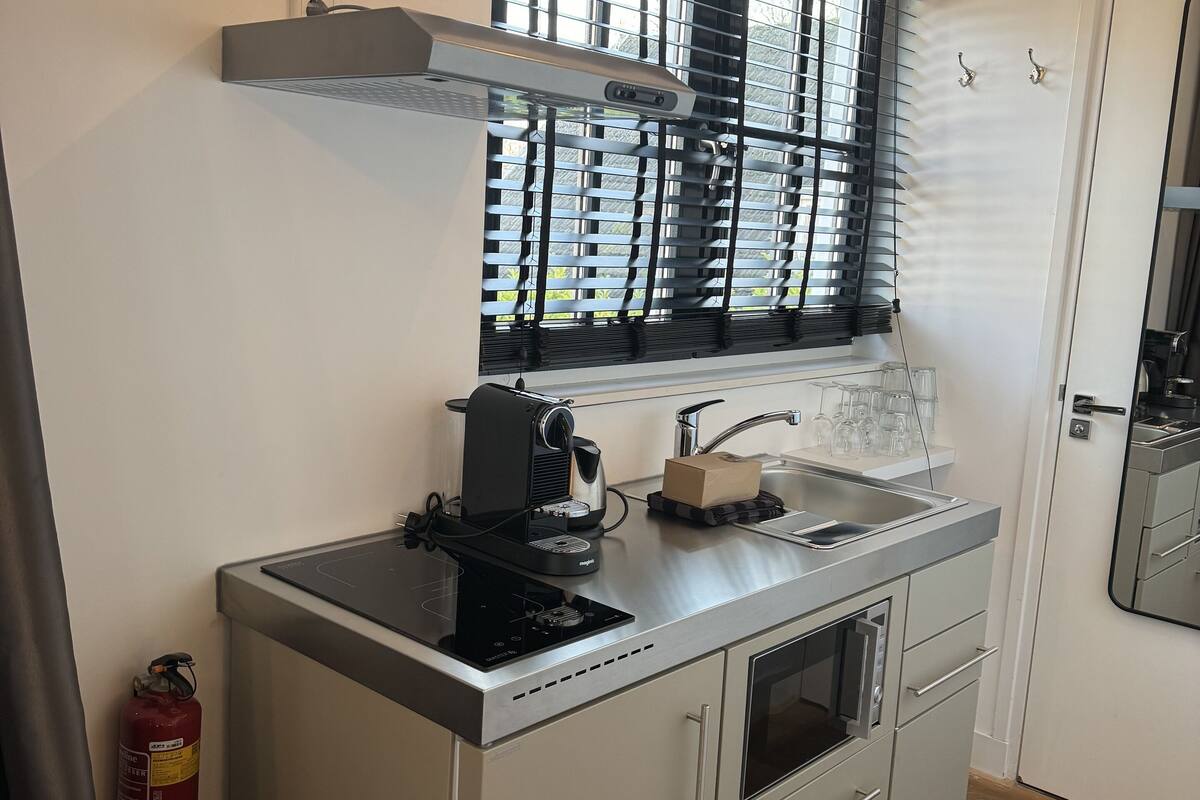 luxury studio, balcony, lake view | private kitchenette | full-sized fridge, microwave, espresso maker, coffee/tea maker