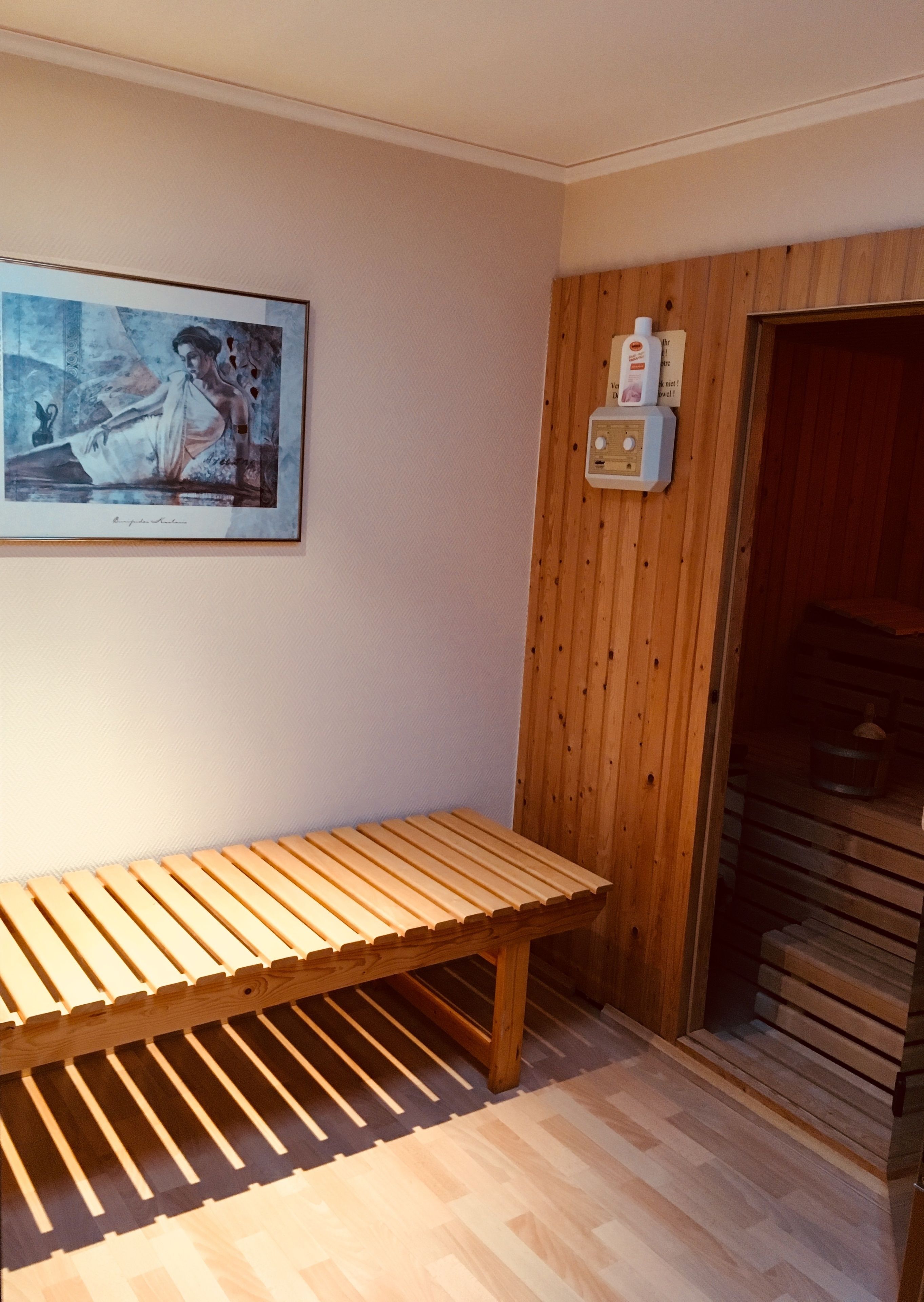 En träbänk i ett rum med en trävägg och en tavla.