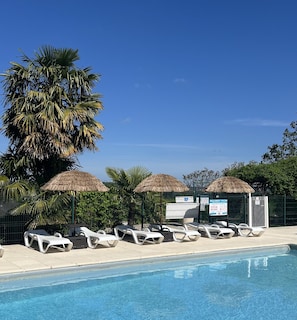 Piscina com espreguiçadeiras e guarda-sóis de palha, cercada por palmeiras.