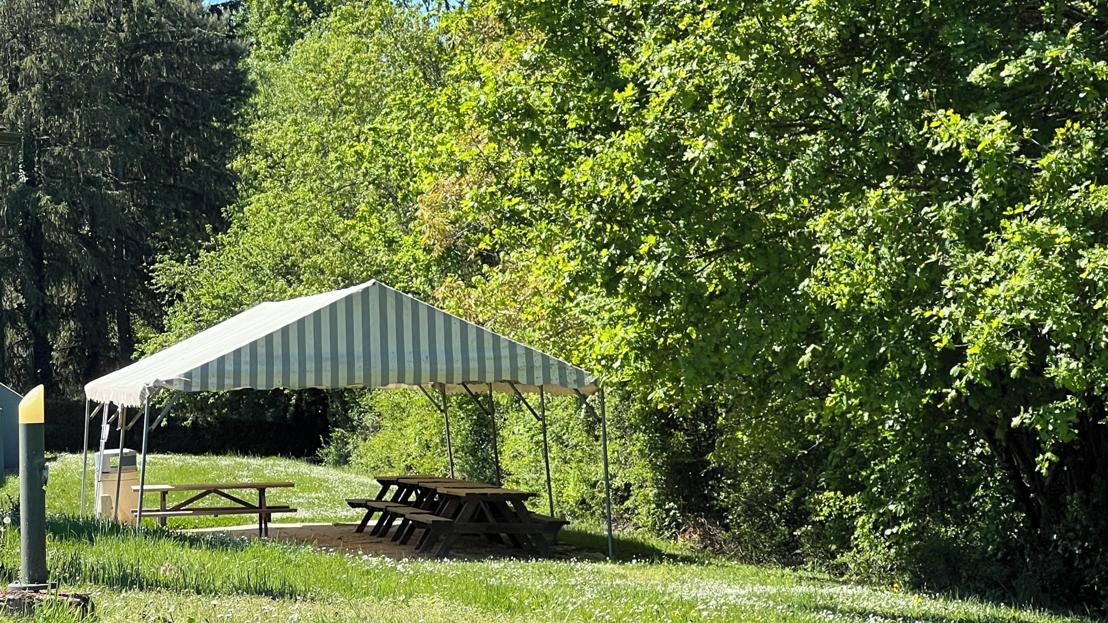 Ein Picknickbereich mit einem Streifen-Canopy und Picknicktischen.