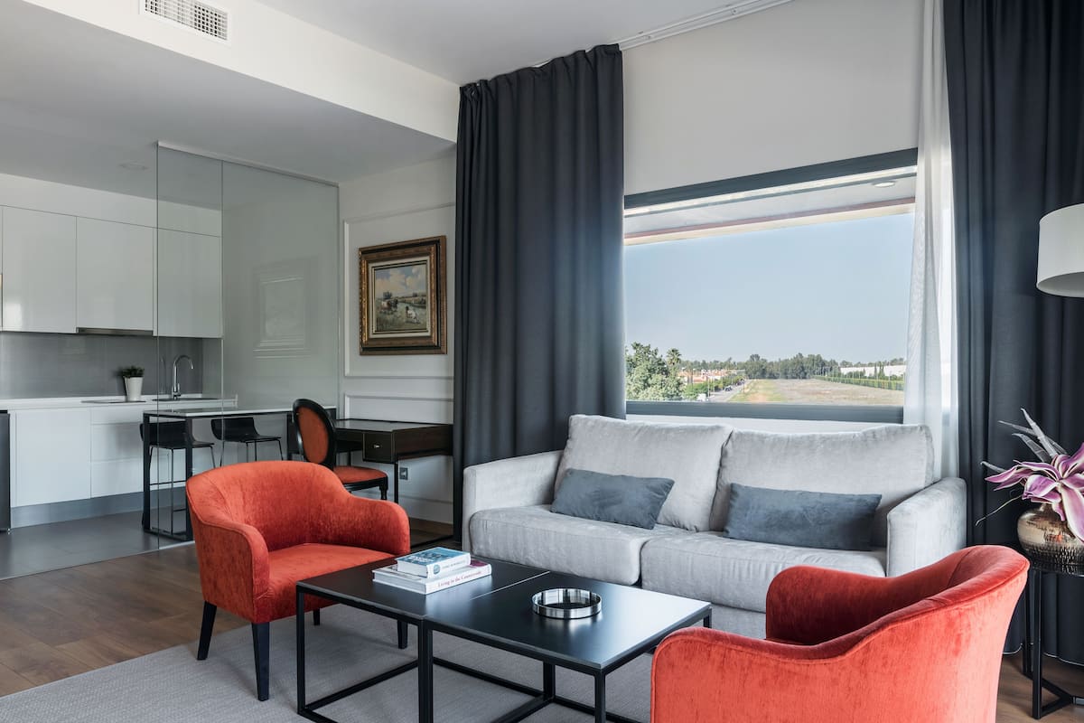 deluxe studio | living area | 30-inch flat-screen tv with cable channels, tv