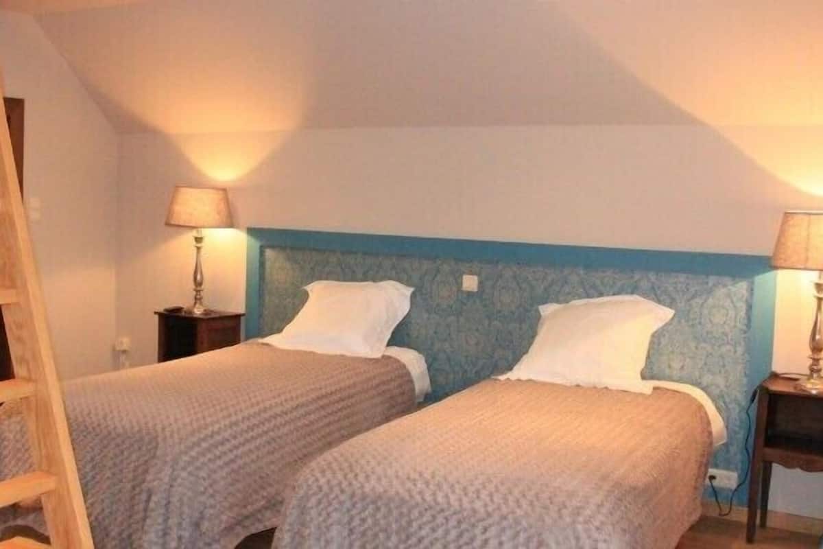 A room with two beds, a wooden ladder, and two bedside lamps.