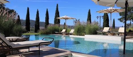 Outdoor pool, pool umbrellas, pool loungers