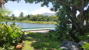 Un espacio exterior tranquilo con piscina, abundante vegetación y vistas a un lago y montañas.