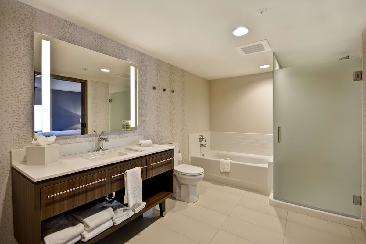 suite, 1 king bed, accessible, bathtub (mobility & hearing) | bathroom | shower, free toiletries, hair dryer, towels