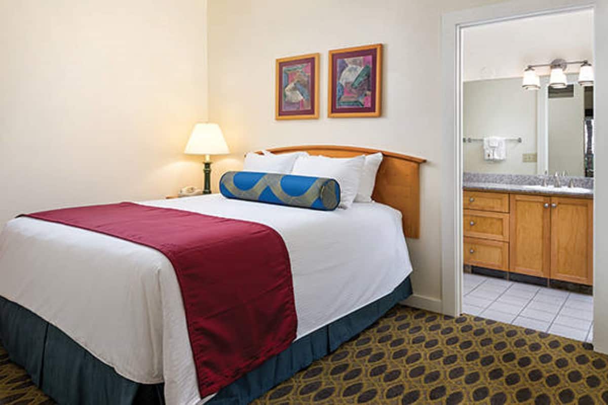 Una habitación de hotel con cama, mesita de noche, lámpara, baño con lavamanos y espejo, y dos cuadros en la pared.