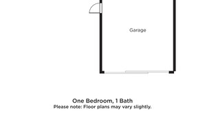 A floor plan of a one-bedroom, one-bath apartment with a kitchen, living room, dining area, porch, bedroom, bathroom, and attached garage. - Worldmark Cathedral City (Cathedral City)