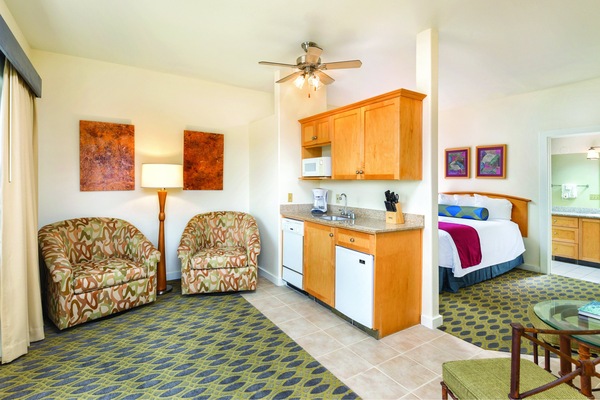 Studio Suite, Kitchenette | Living area | 32-inch LED TV with cable channels, TV