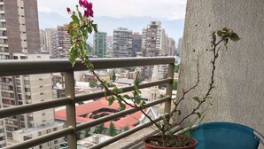 A balcony with a glass table and blue chair, a potted plant, and a view of a cityscape with buildings and a church. - Alto San Isidro (Santiago)