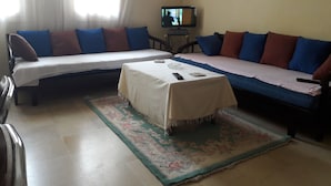 Apartment | Wohnzimmer | 24-Zoll-Flachbildfernseher mit Satellitenempfang, Fernseher