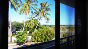 A view through a window with a metal railing, featuring a landscape with palm trees and a building in the background. - Premiere Apartments (Nadi)