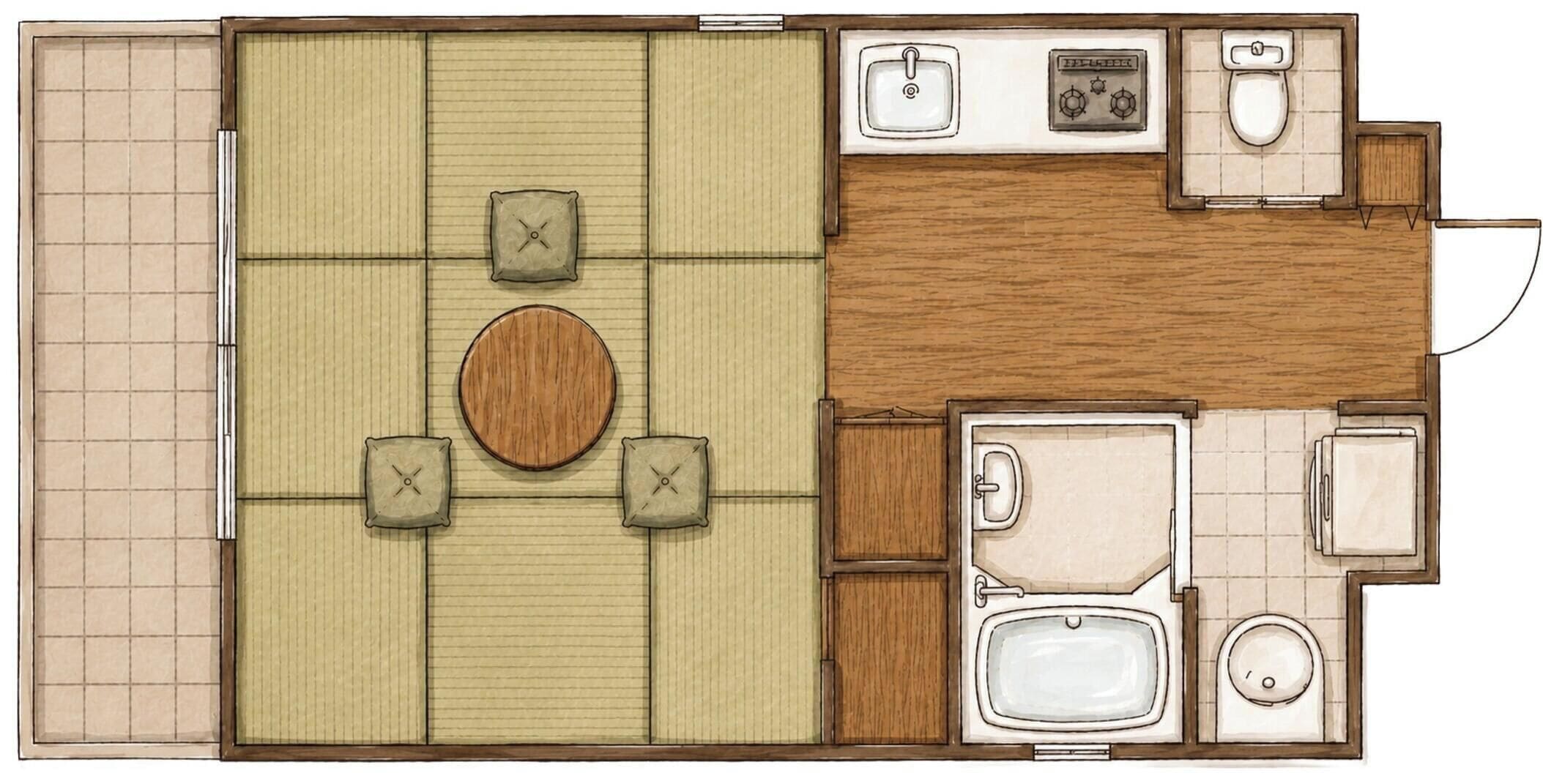 A floor plan of a hotel room with a bed, a small dining table, a sofa, a bathroom with a shower, toilet, and sink.