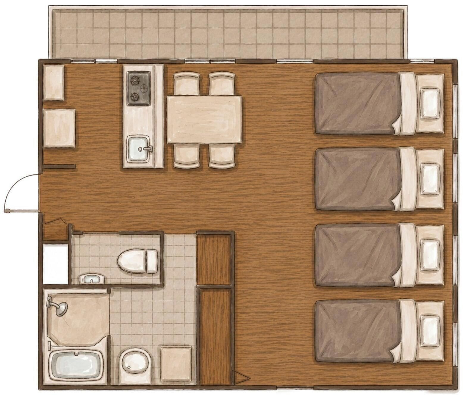 A hotel room layout with a bathroom, a dining area, and a bedroom with two beds.