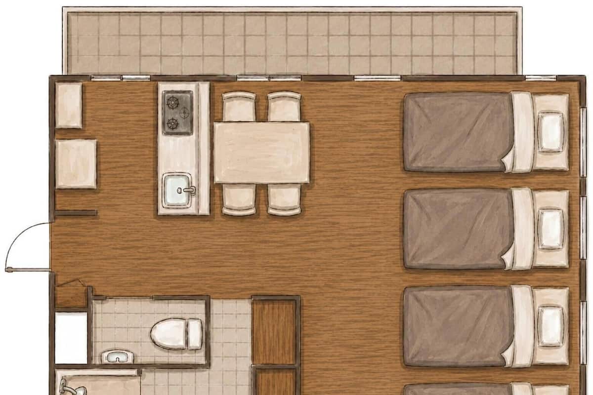 Hotellihuone, jossa on kylpyhuone, ruokailutila ja makuuhuone, jossa on kaksi sänkyä.