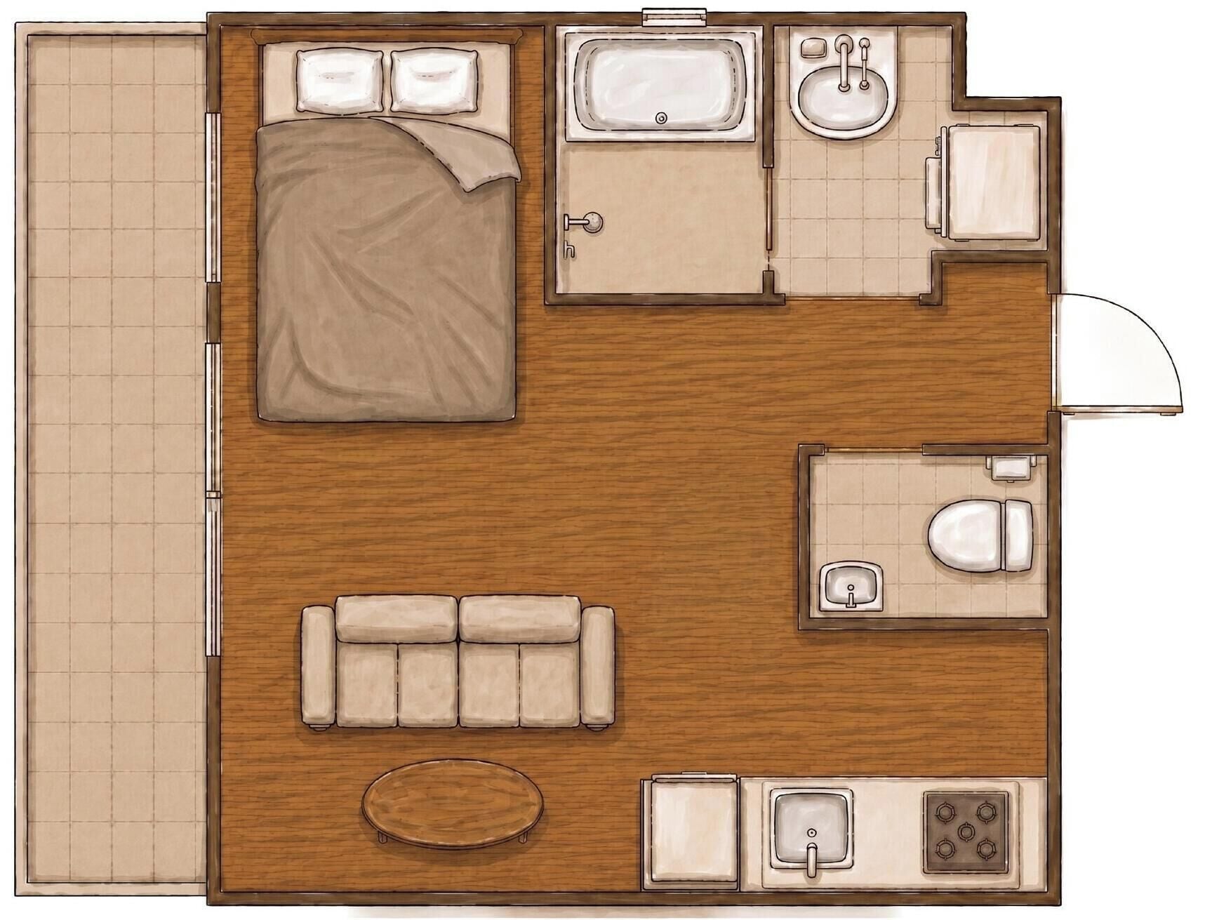 A bedroom with a bed, a bathroom with a sink and toilet, a living area with a sofa, and a small kitchen with a stove.