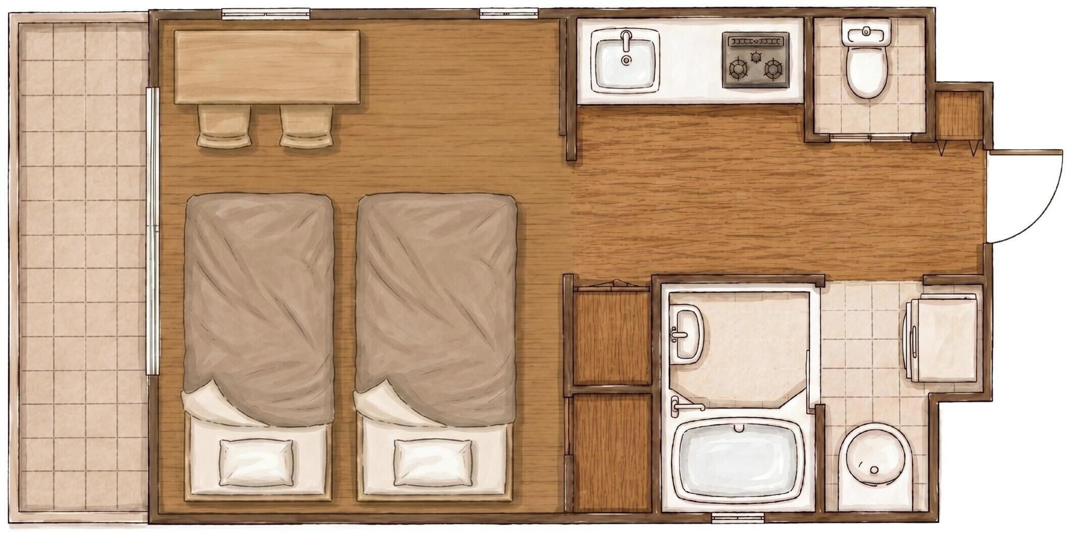 A floor plan of a hotel room with two beds, a bathroom, a kitchenette, and a small seating area.