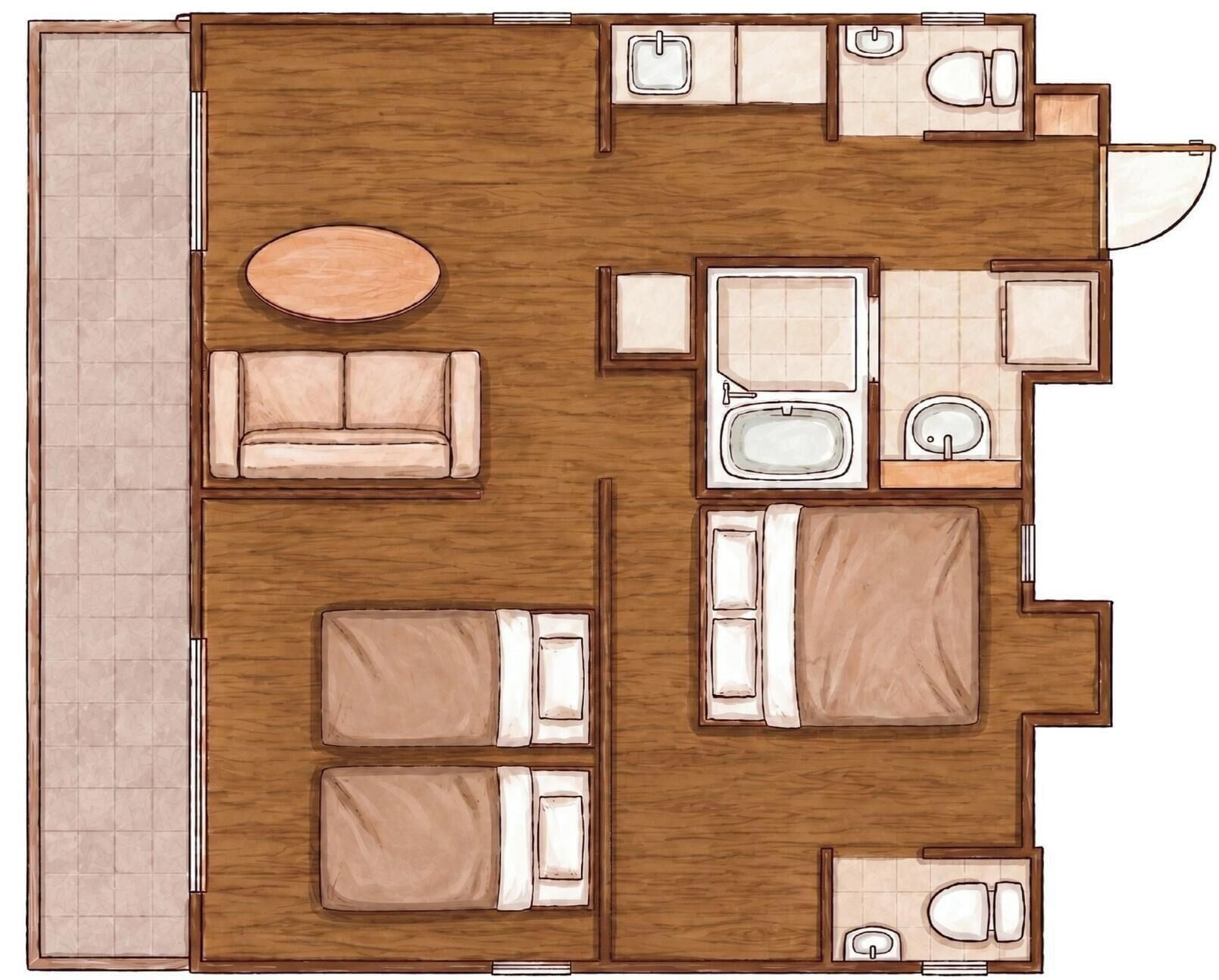 A hotel room layout with a bed, a sofa, a small table, a bathroom with a sink and toilet, and a shower area.