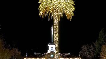 Un edificio con una gran palmera iluminada en la parte superior, rodeado de una fachada de piedra bien iluminada con ventanas de arco y un campanario.