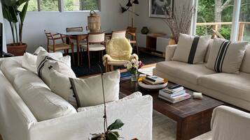 TV connectée, cheminée, livres, chaßne hi-fi