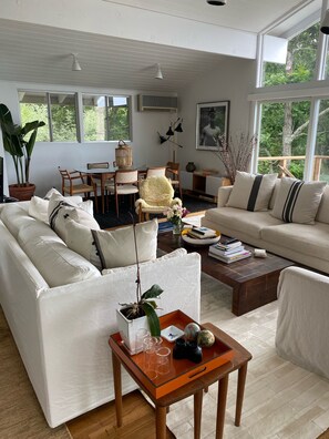 Smart TV, fireplace, books, stereo