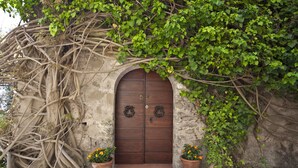 Un edificio de piedra con puerta de madera, rodeado de abundante vegetación y enredaderas.