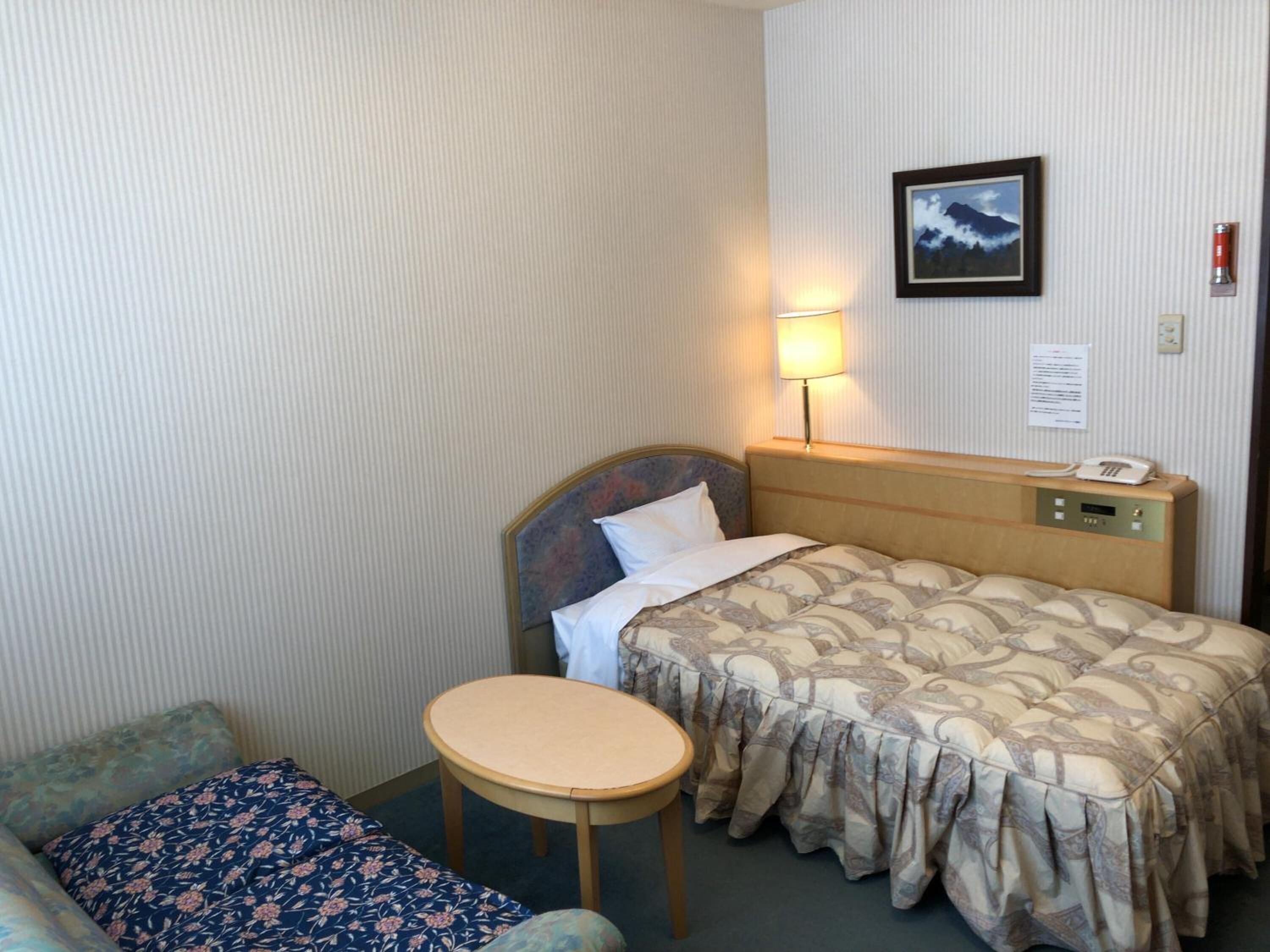 Habitación de hotel con una cama individual, una mesita de noche, una lámpara, una pequeña mesa redonda, una silla y un cuadro en la pared.