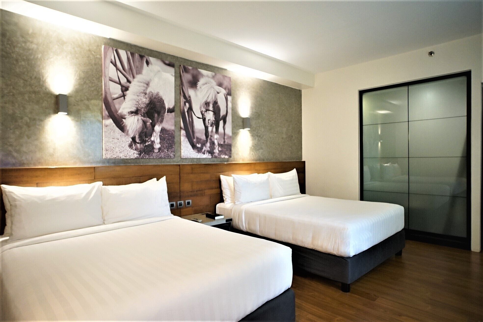 family double room, 2 queen beds, refrigerator | in-room safe, desk, soundproofing, iron/ironing board