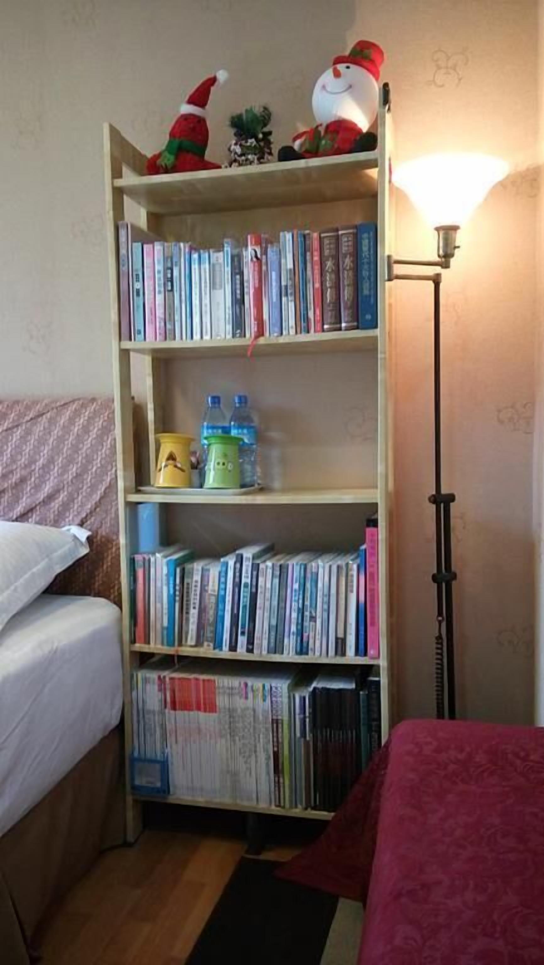 Ein Zimmer mit Bücherregal, einer Lampe und einem Bett.