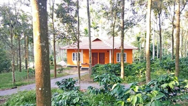 A small, single-story building with a red roof, surrounded by dense greenery and trees. - Himadri Retreat Cottages (Vythiri)