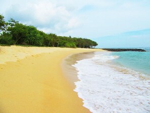 A sandy beach with gentle waves, a rocky breakwater, and dense green foliage. - The Colonial Villa (Ahangama)