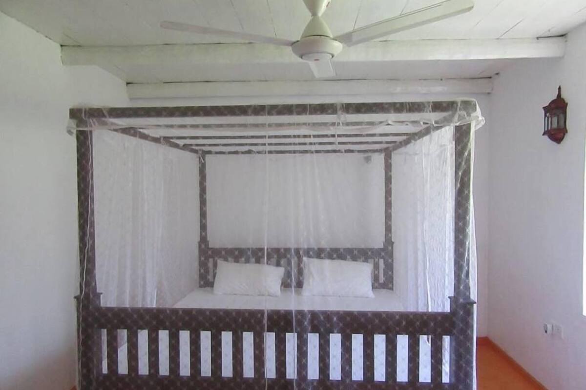 Uma cama de dossel com cortina, paredes brancas e um ventilador de teto.