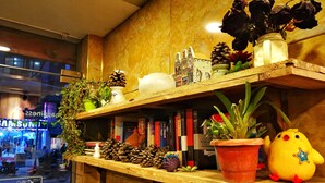 Une étagère en bois avec des livres, une plante en pot, des pommes de pin et des objets décoratifs.