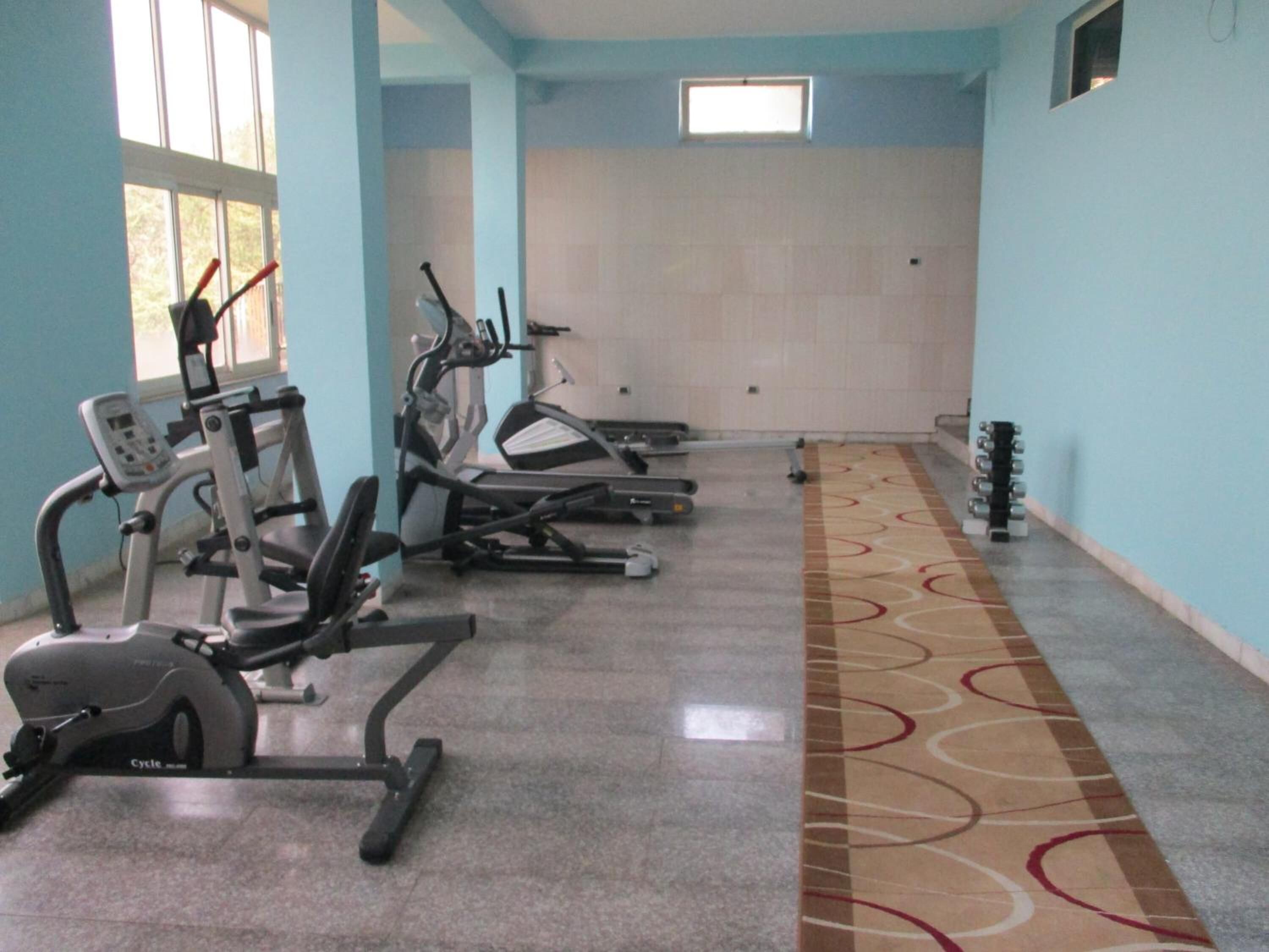 Un gimnasio con máquinas de cardio, una alfombra estampada y una ventana.
