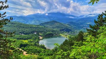 Un paisaje montañoso con un lago, denso bosque y edificios dispersos.